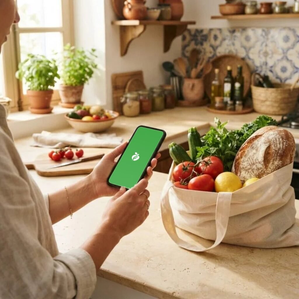 Personne tenant son téléphone ouvert sur l’application Fraicho, à côté d’un sac de courses rempli de légumes et de pain