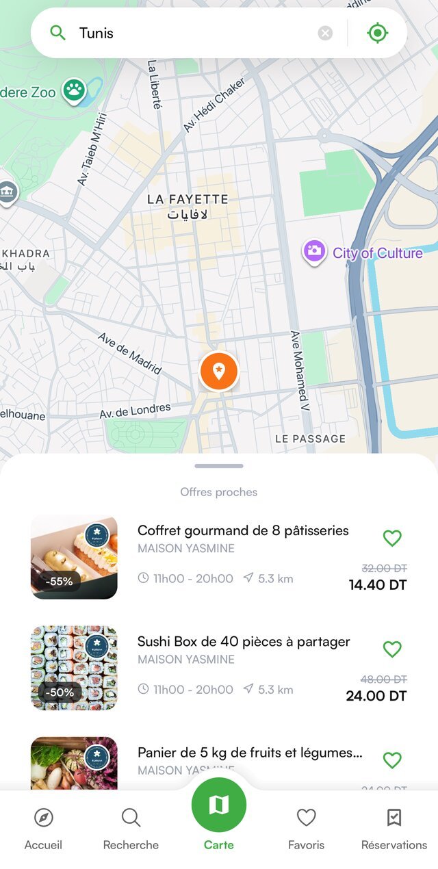 Carte de Tunis dans l’application Fraicho, avec les offres proches