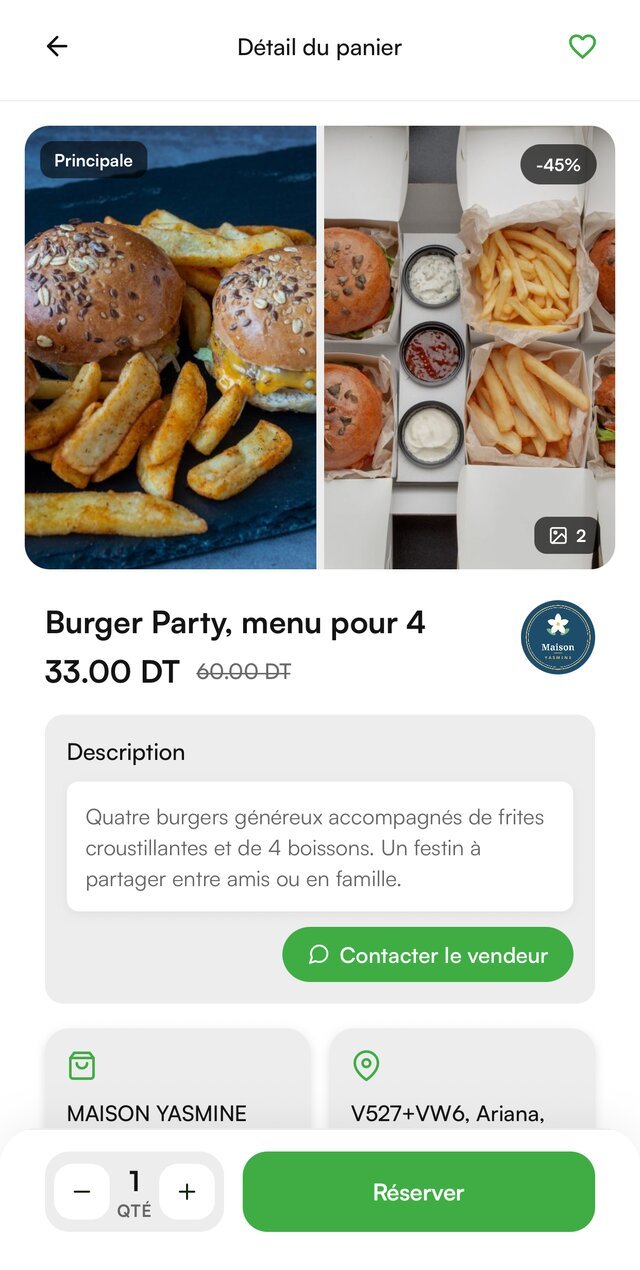 Détail d’un panier anti-gaspillage dans l’application Fraicho, avec le bouton Réserver