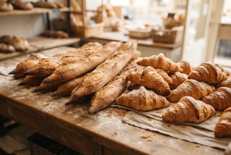 Baguettes et croissants sur le comptoir d’une boulangerie