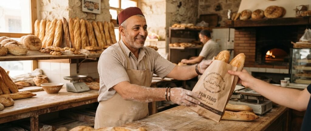 Boulanger tendant un sachet de pain à un client