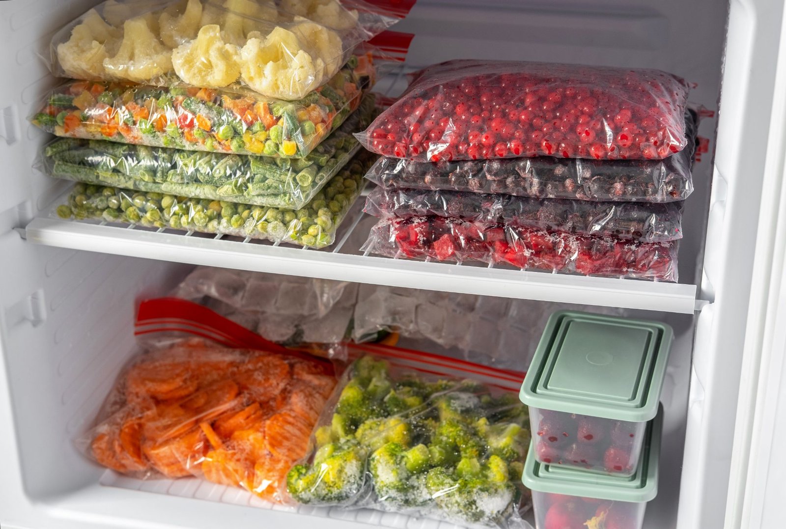 Congélateur rempli de légumes et de fruits rangés en sachets et en boîtes