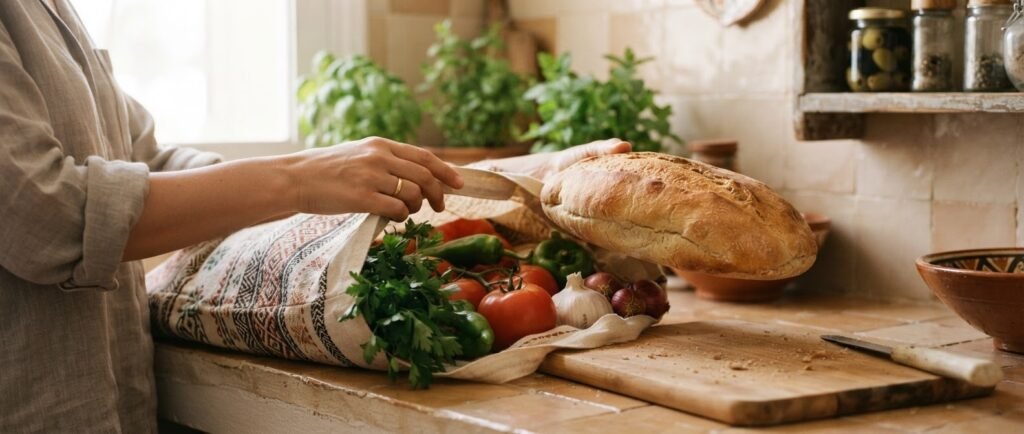Personne rangeant du pain et des légumes dans un sac en tissu