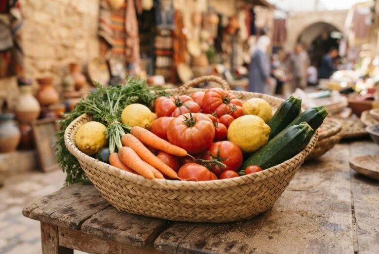 Panier de fruits et légumes sur un étal de marché