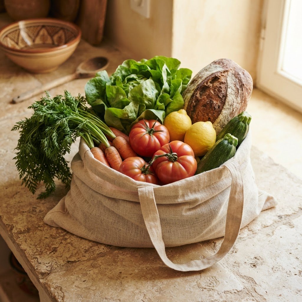 Sac en toile rempli de légumes frais, de citrons et de pain