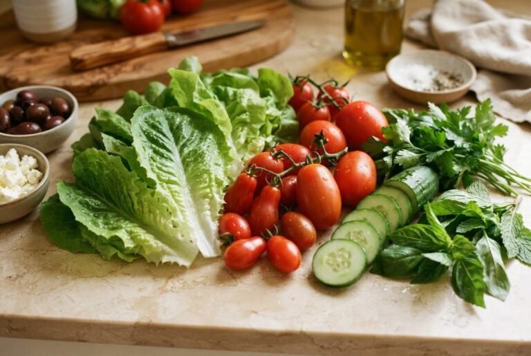 Salade, tomates et concombre sur une planche de cuisine