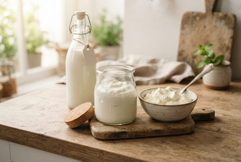 Bouteille de lait, yaourt et fromage frais